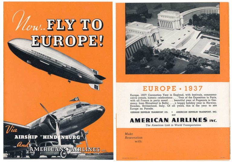 Hindenburg Disaster: Reason for Not Using Zeppelins Vintage 1937 brochure advertising transatlantic travel via the Hindenburg airship and American Airlines